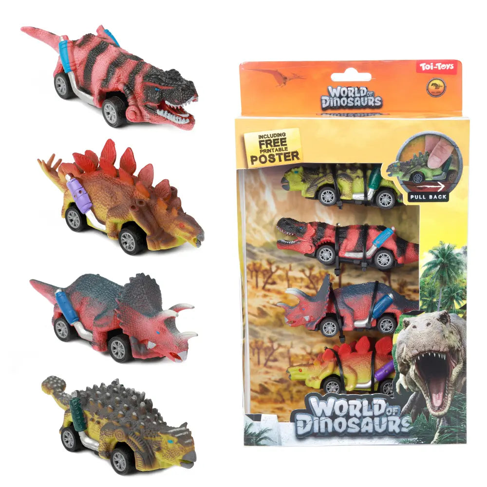 Optrækkelige biler med dinosaurtema 4 stk